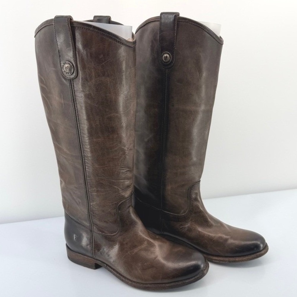 FRYE Melissa Button Tall Boots Slate Brown Distressed Leather 7.5B 77172